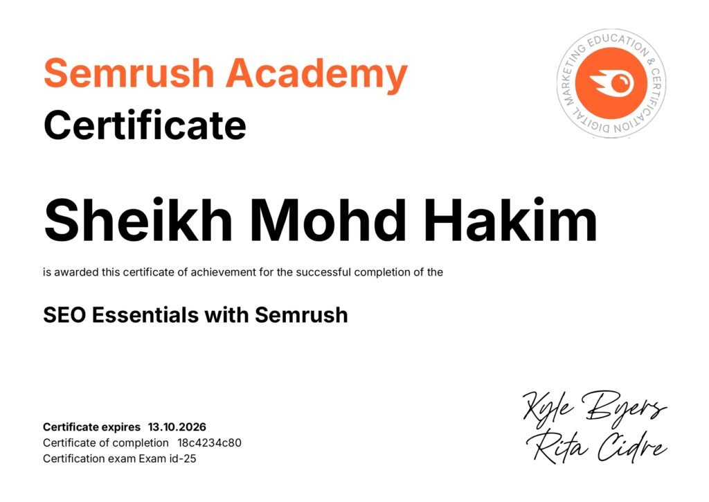 sheikh mohd hakim semrush certificate